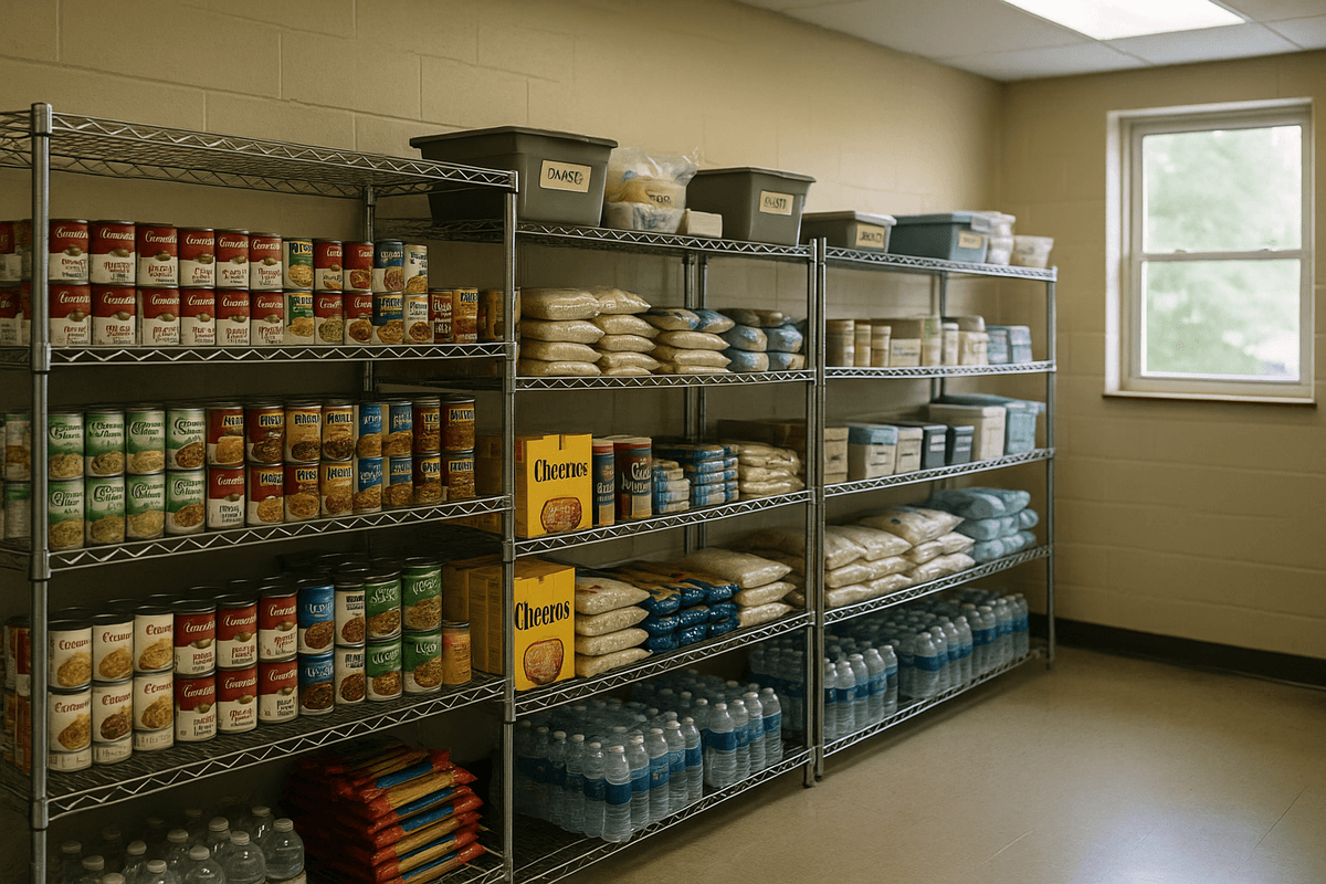 Community food pantry shelves stocked with canned goods, dry goods, and hygiene items