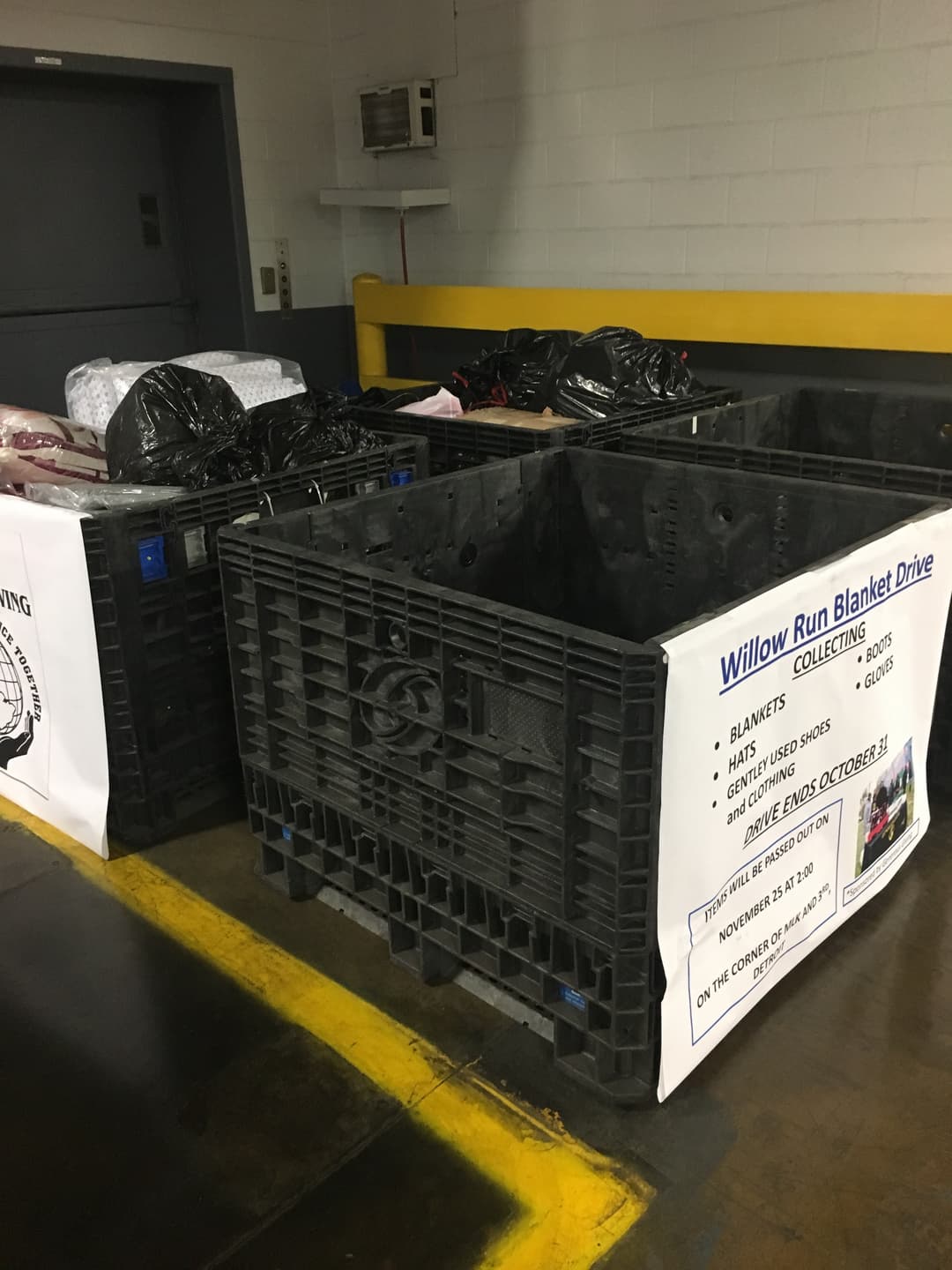 Willow Run Blanket Drive collection bin at the GM facility